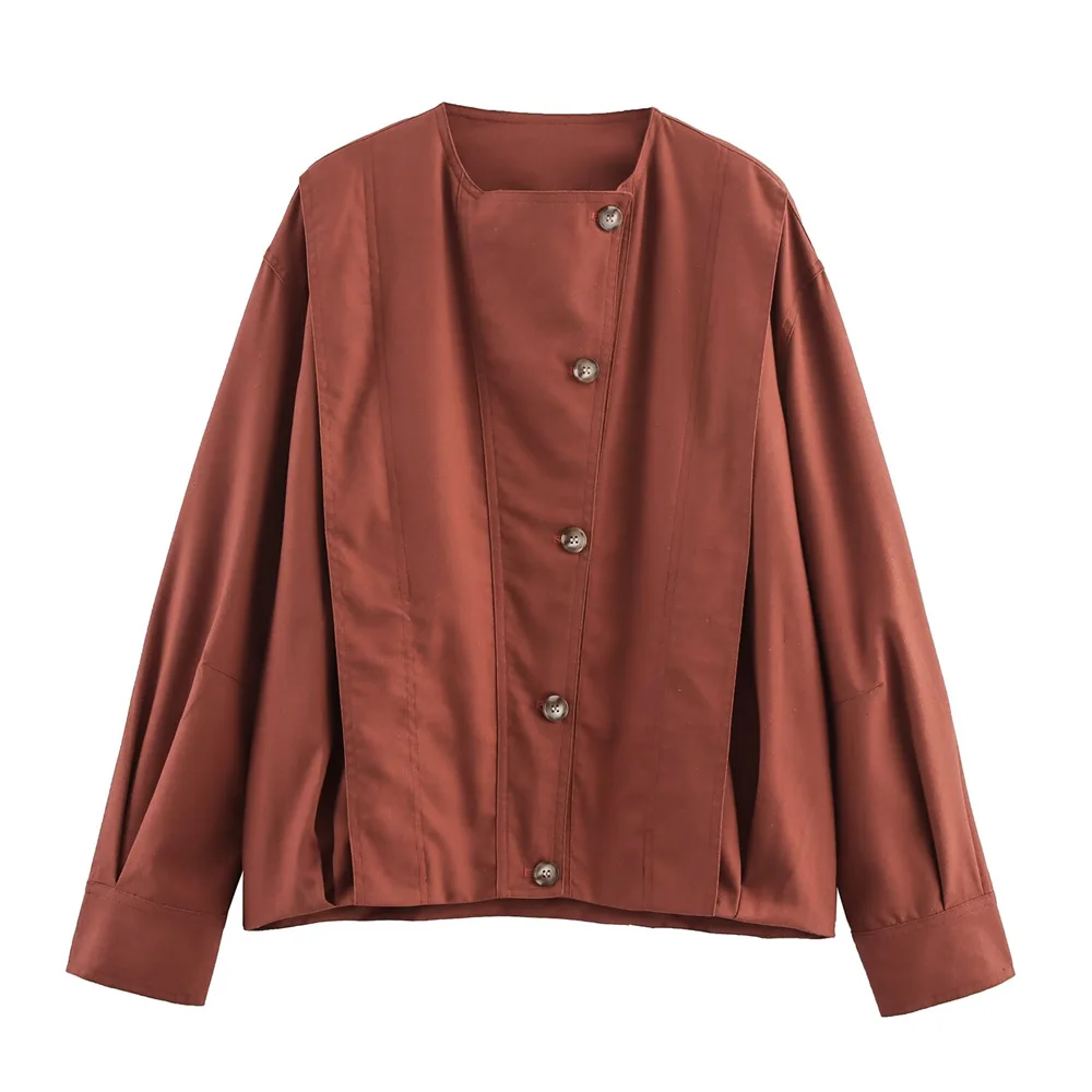

BMURHMZA Women's New Product Simple Loose Round Neck Long Sleeve Single breasted Solid Color Pilot Jacket Coat