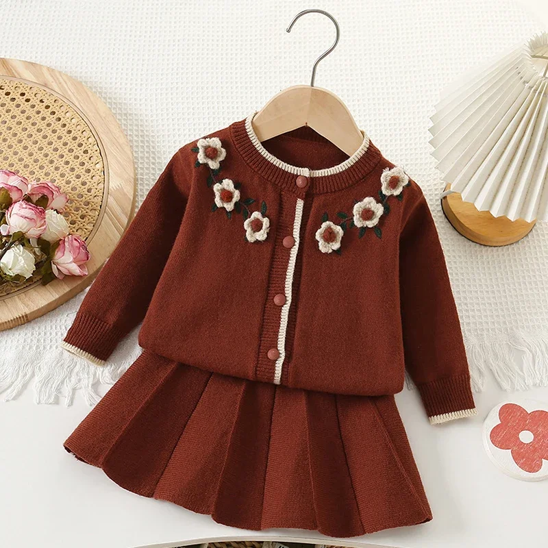 2025 New Autumn 2-6Yrs Baby Girls Clothing Set Children Knitted Clothes Suit Long Sleeved Knitted Cardigan Coat+Short Skirt