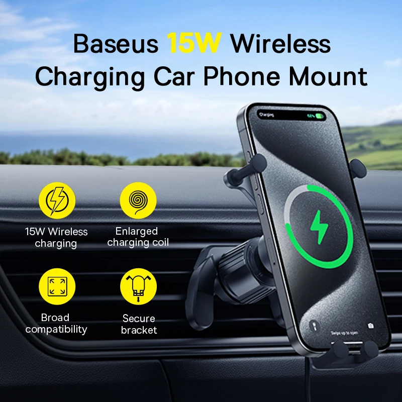 Baseus 15W Car Phone Holder Wireless Charging Stand Air Vent Gravity Telephone Mount for iPhone 14 Samsung Xiaomi Mobile Support