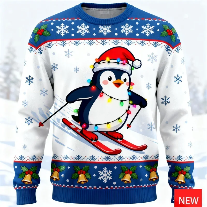 เสื้อสเวตเตอร์คริสต์มาสลายเพนกวินพิมพ์ 3 มิติ สำหรับผู้ชาย เสื้อสวมหัวสำหรับวันหยุดคริสต์มาส เสื้อคอกลมผู้ชาย