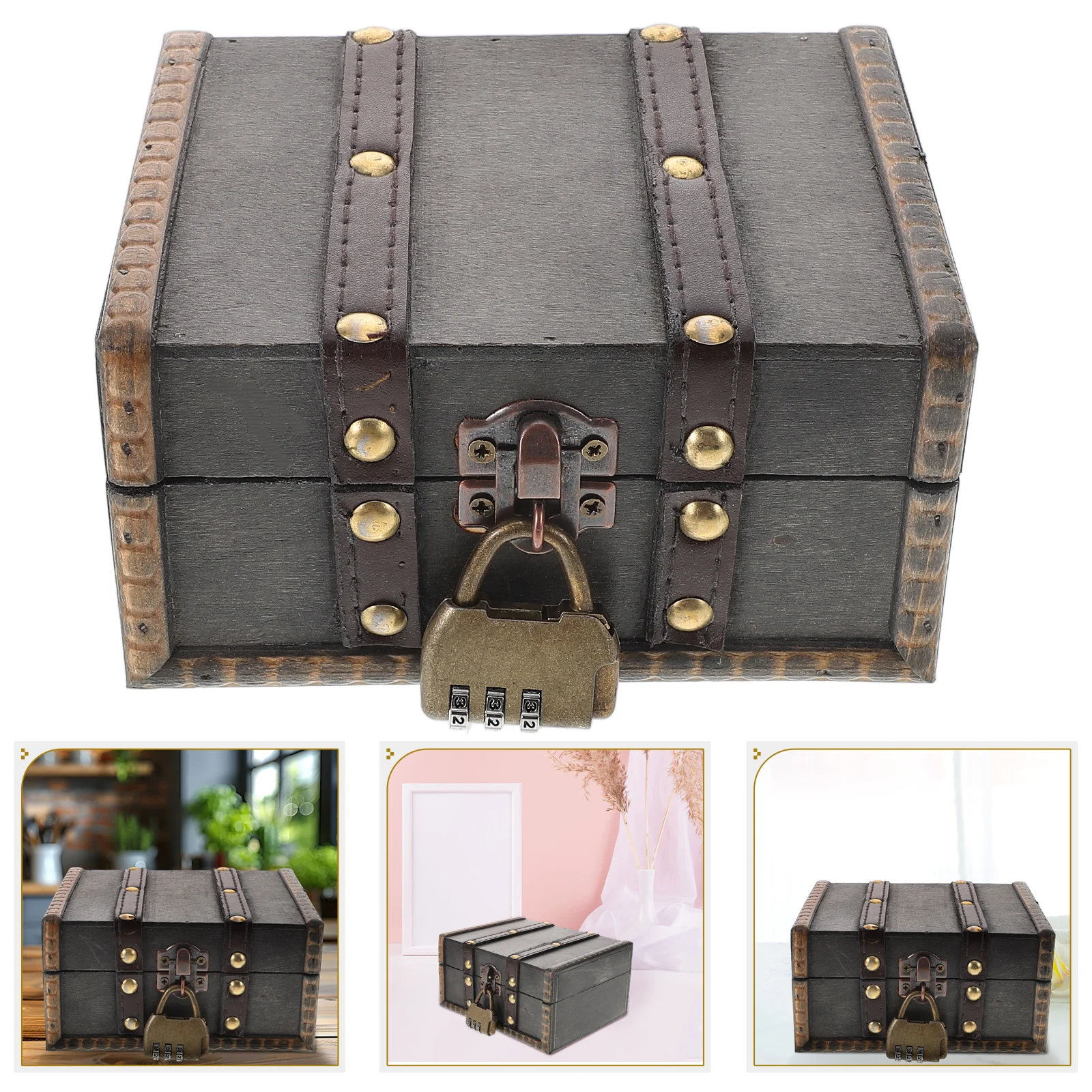 

Jewelry Storage Wooden Box Decorative Treasure Chest Classic Light Grey Vintage