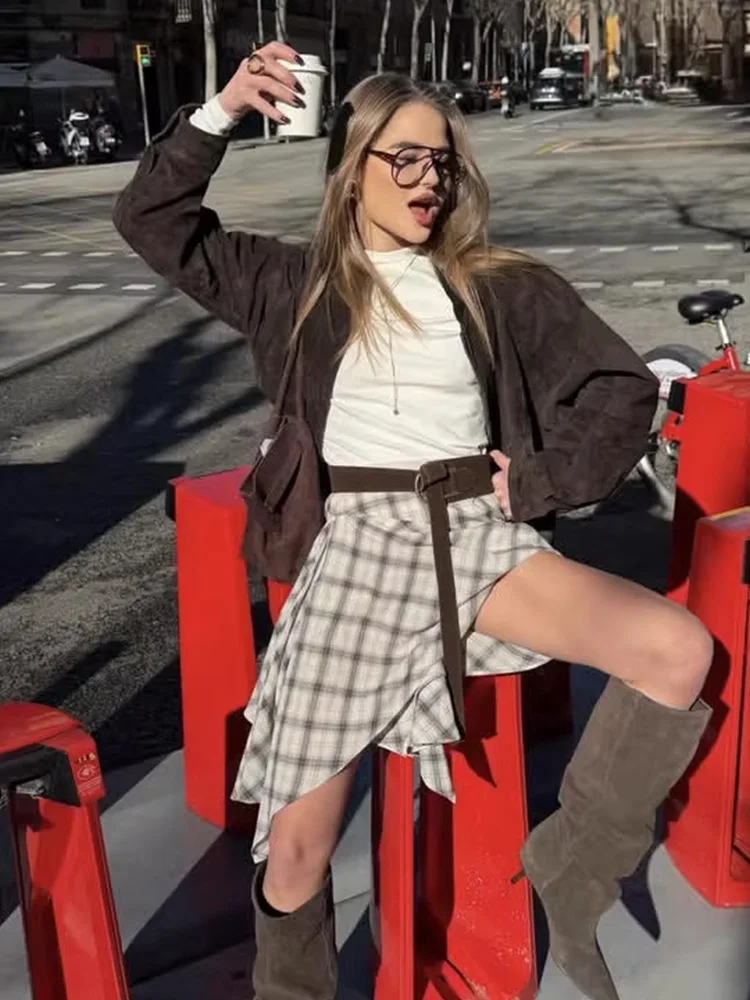 HH Woman Spring Fashion Long Sleeves Round Neck Tops+Asymmetrical Style Middle Length Skirt Female Casual Plaid Two Piece Set
