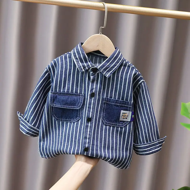 

2023 Long Sleeve New Lapel Single-breasted Striped Printed Spliced Pocket Spring Thin Boys Clothing Fashion Casual Kids Shirt