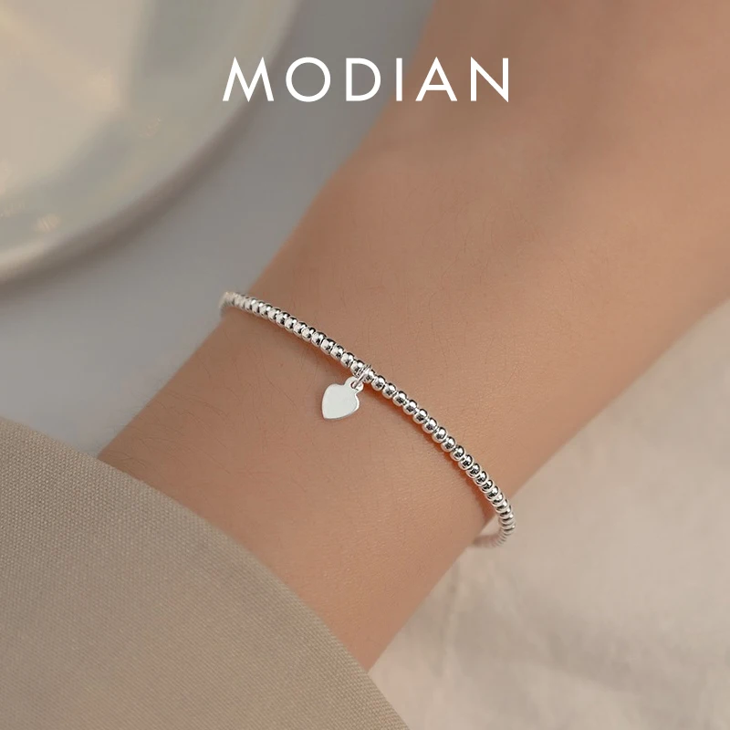 

Modian Real 925 Sterling Silver Simple Heart Beads Bracelet for Women Platinum Plated Adjustable Bracelets Party Gift 16+3CM