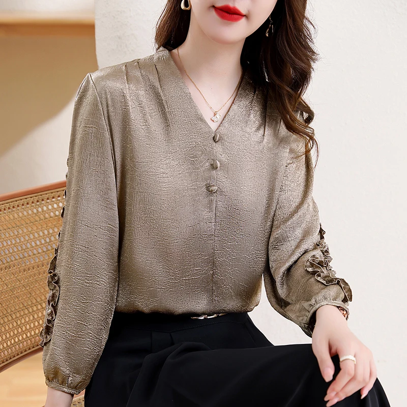 2024 Autumn New Fashion Women Shirt V-neck Wrinkle Ruffles Tops Nine Quarter Sleeve Office Lady Pullovers Blouse