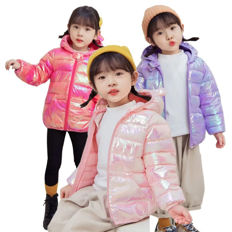 Kid Girls Lightweight Down Jacket Bright Shiny Fabric Hoodie Coat Children Boys Winter Autumn Warm Outerwear Casual Clothing New