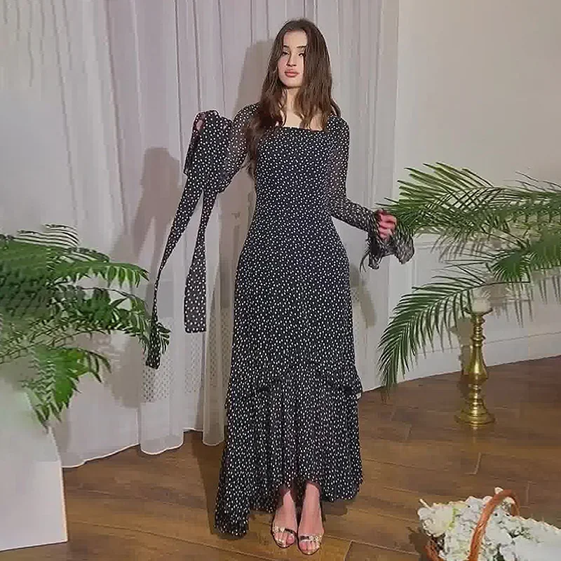 Vestido com estampa em bolinhas feminino, assimétrico, em camadas, manga comprida, detalhes de gravata, cintura alta, fino, fresco, doce, elegante