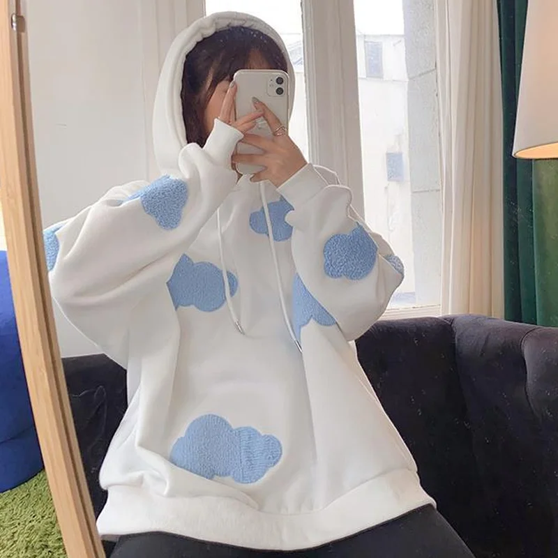 Hoodies Women Gentle Cartoon Kawaii Clouds Females Loose Chic Stylish Streetwear All-match Simple Hooded Tops Harajuku Ulzzang