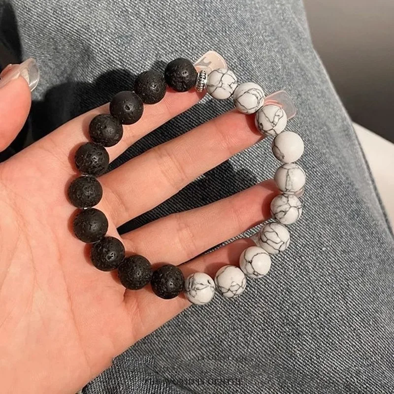 Elastic Beaded Bracelet Black Lava Rock White Howlite Round Beads Contrast Color Simple Unisex Daily Wrist Band
