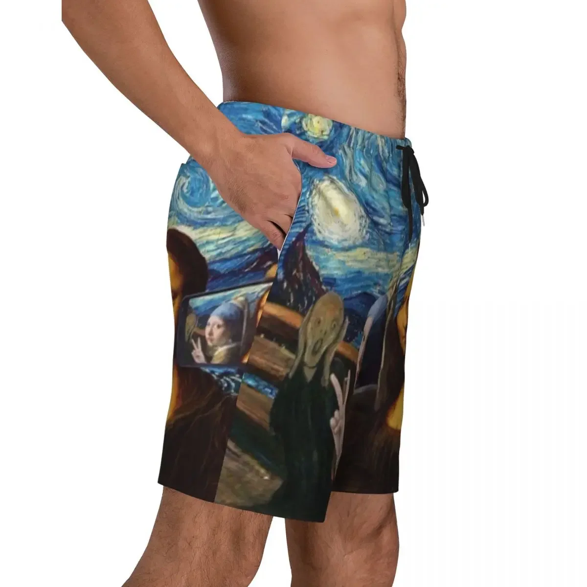 Starry Night By Mona Lisa And Vincent Van Gogh Board Shorts Men's Beach Shorts Briefs Art Painting Quick Dry Swimming Trunks