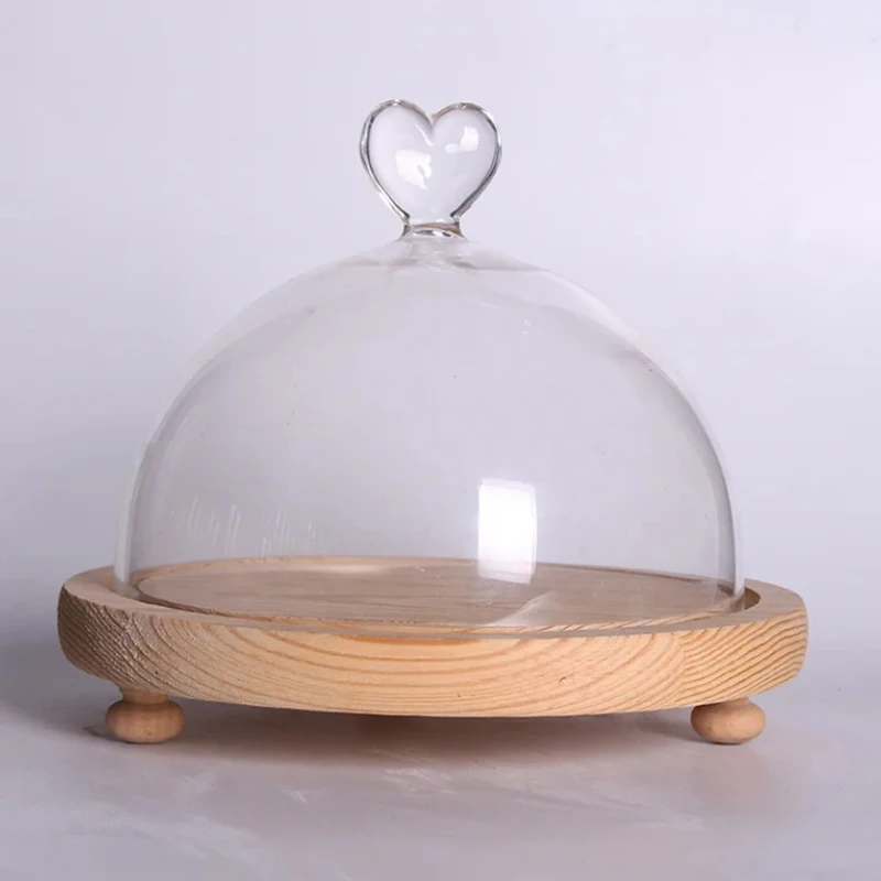 

Home Dust-proof Glass Cover Wooden Base Love Handle Glass Cover Wooden Pallets Decoration Crafts Display Stand Decorative Tray