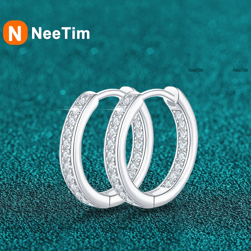 

NeeTim D Color 1.2mm Moissanite Hoop Earrings For Women S925 Silver with White Gold Plated Wedding Stud Earring Trendy Jewelry