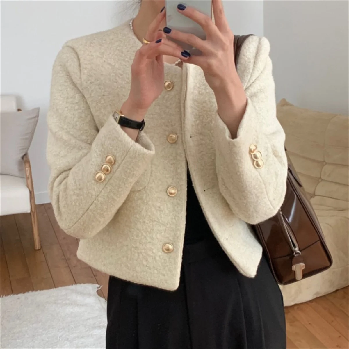 

Корейское модное шикарное осенне-зимнее новое поступление, элегантное короткое облегающее твидовое пальто для женщин