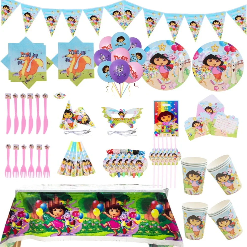 

High Quality Cute Dora Birthday Party Theme Tableware Set with Balloon Background Hat Banner Baby Shower Atmosphere Decoration