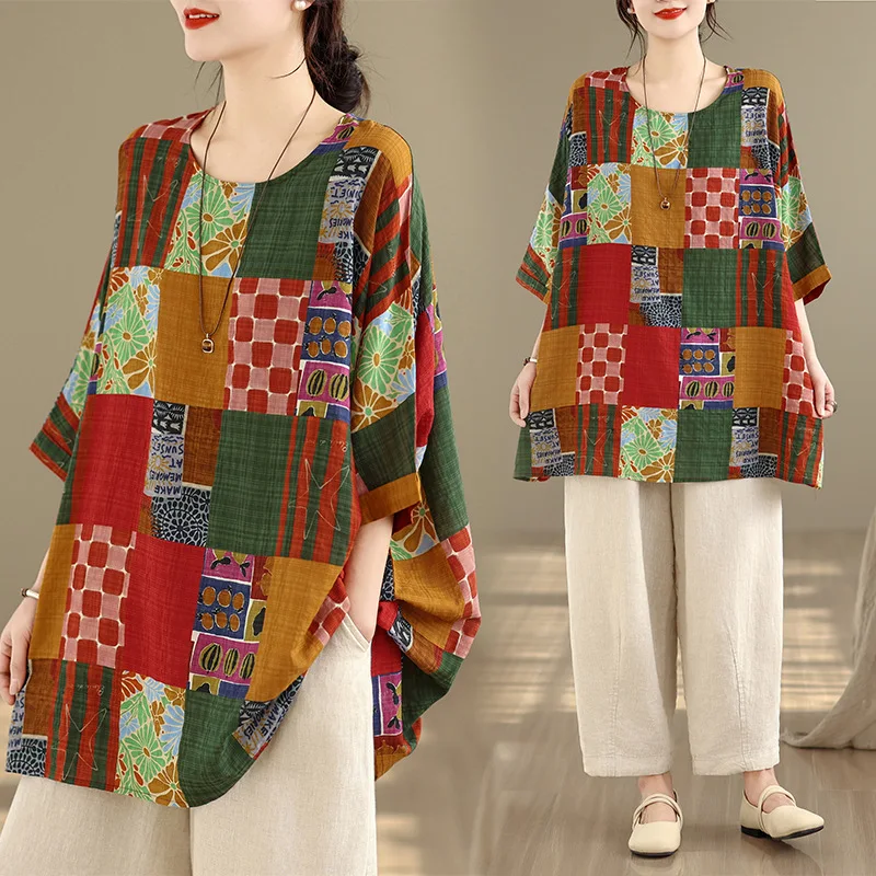 

Women T Shirts Tops Oversize Print Tees Plaid Round Neck Batwing Three Quarter Sleeve Slight Strech Loose Streetwear 2026 Spring