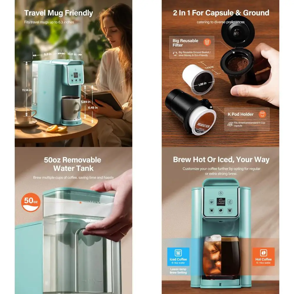 

K-Cup and Ground Coffee Machine, 6-14 oz Brew Sizes, 50 oz Tank, Bold Brew, Blue Iced Coffee Maker