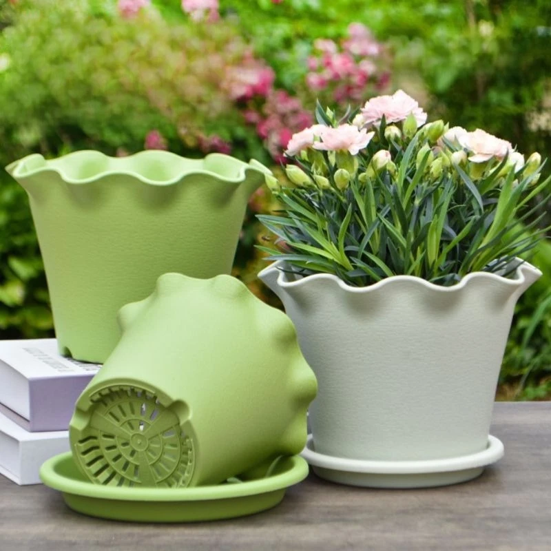 Lotus Leaf Edge Thickened Flower Pot with Tray Balcony Living Household Rose Succulent Thickened Root Control Breathable Pots