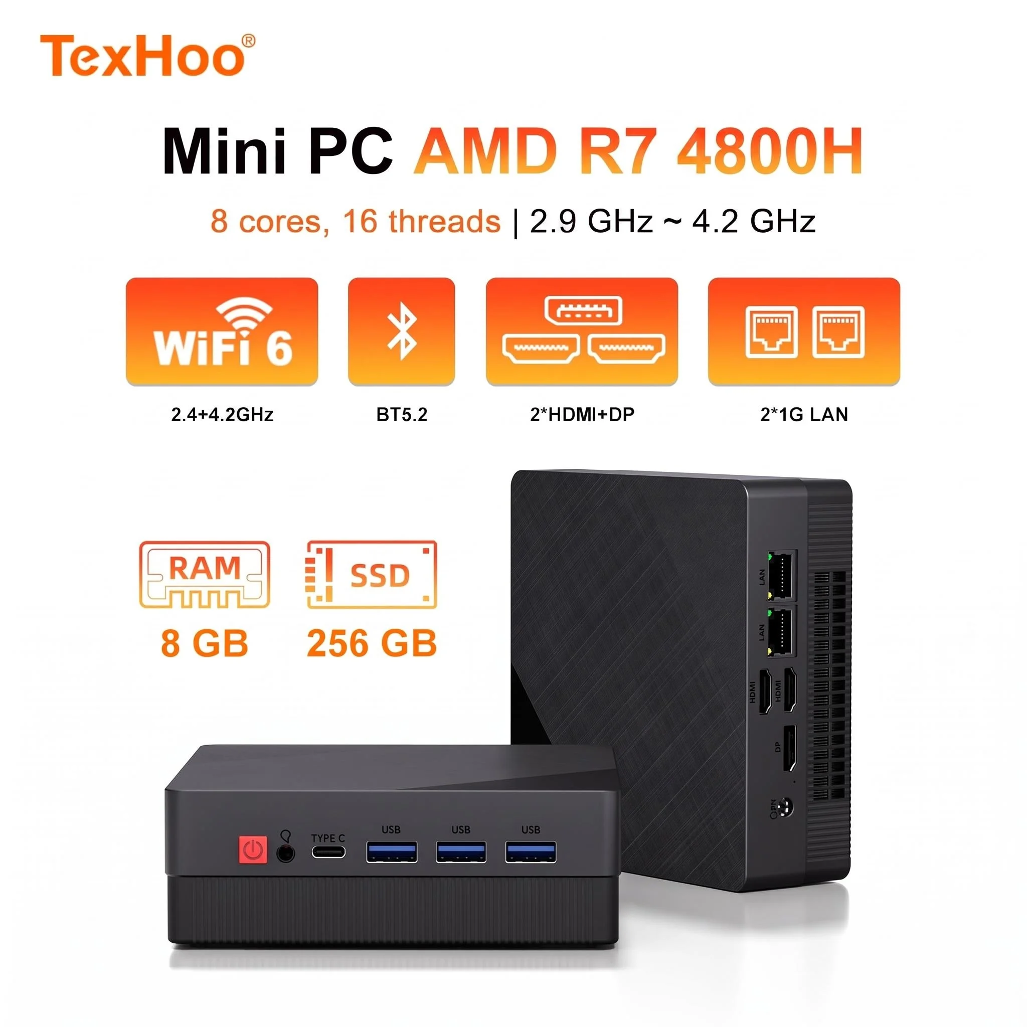 텍후 미니 PC, AMD 라이젠 7 4800H/5800H, 4.2GHz, 윈도우 11, 16GB DDR4, 512GB NVMe SSD, PCIe 3.0, Wi-Fi 6, 블루투스 5.2, 데스크톱 컴퓨터, 사무용 PC