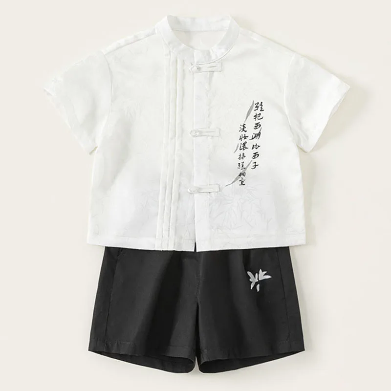 

2Piece Summer Clothes Toddler Boy Clothing Fashion Chinese Style Print Short Sleeve Baby Tops+Black Shorts Children's Sets B122