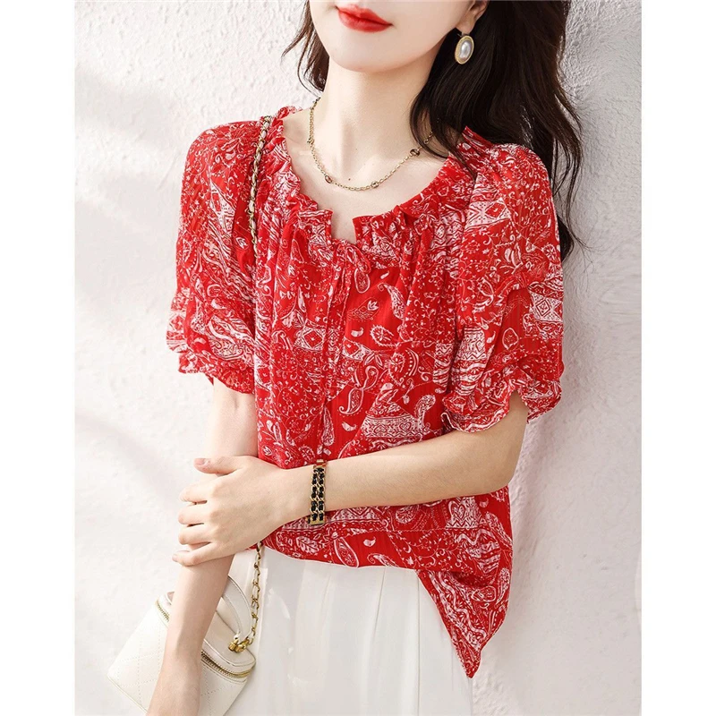 Women Silk Ruffle Lace Up Elegant Blouse Summer Korean Fashion V Neck Short Sleeve Shirt Y2K Sweet Chic Loose Tops Female Blusas