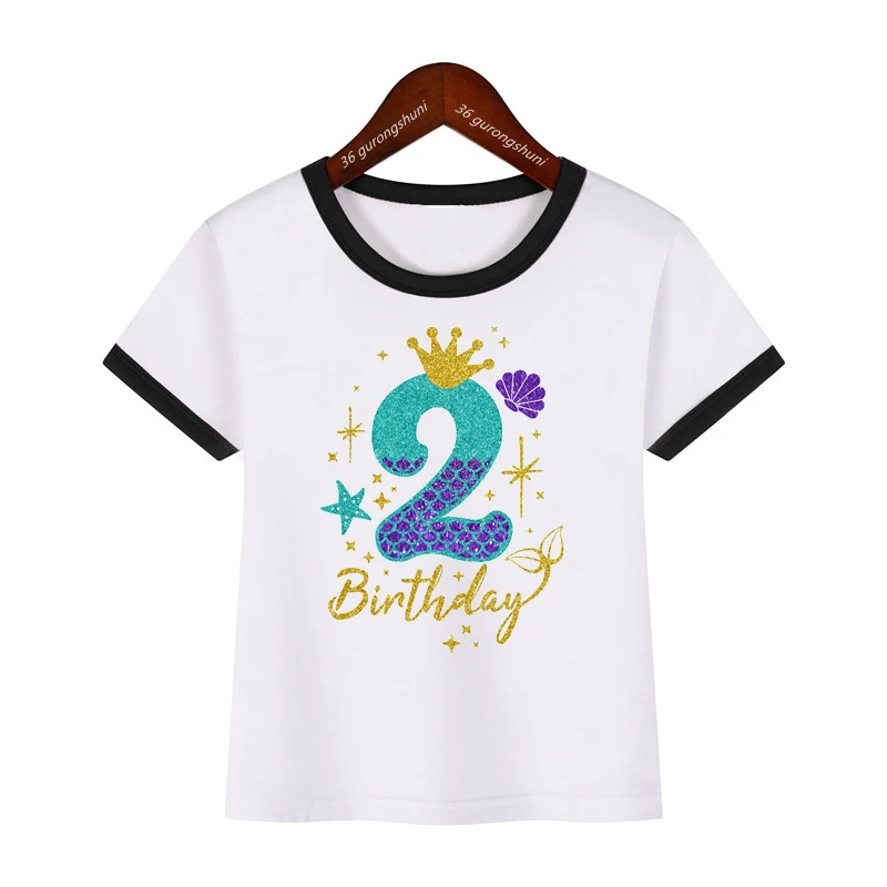 

3th/4th/5th/6th Birthday Gift For Girls Tshirt Mermaid Princess Crown T Shirt Harajuku Kawaii Kids Clothes Summer Tops Tee