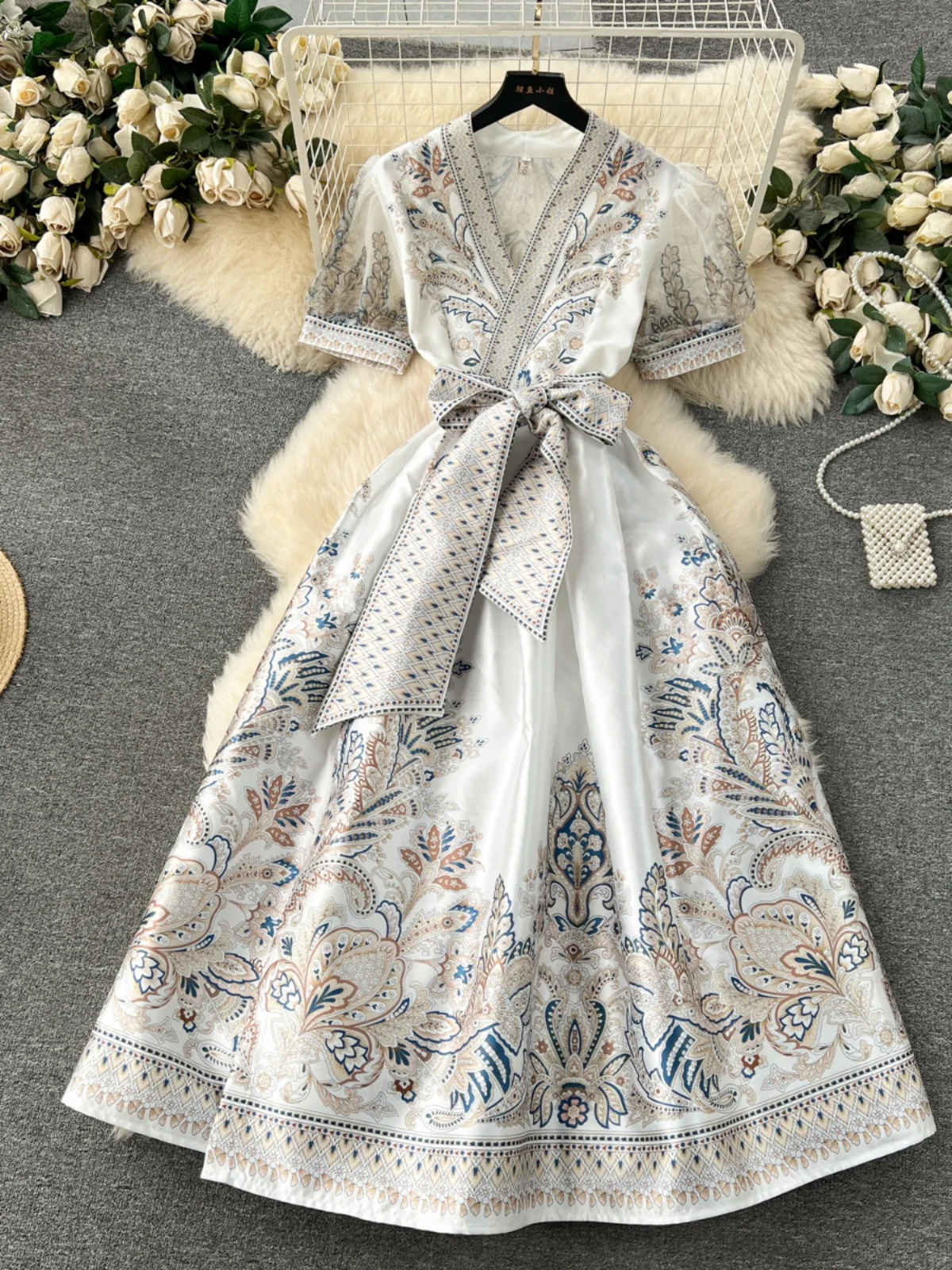 Rétro Court Sle Long Bubble Sve Dr femmes Design Sense imprimé taille-accrochée Midi Dr Ele a-ligne Version coréenne