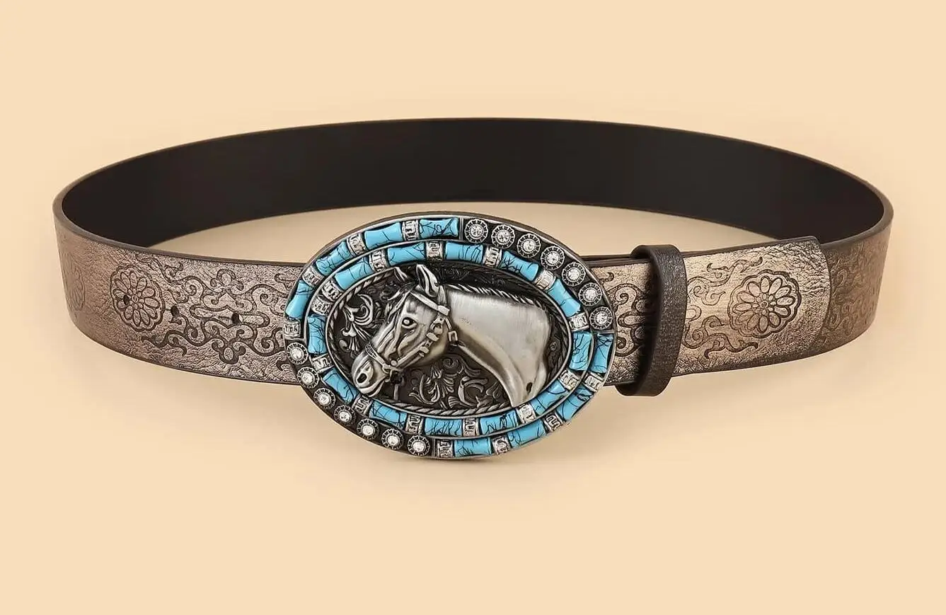 

Fashion Classic Embossed Pattern Strap with Debossed Horse Head Buckle Western Belt for Men