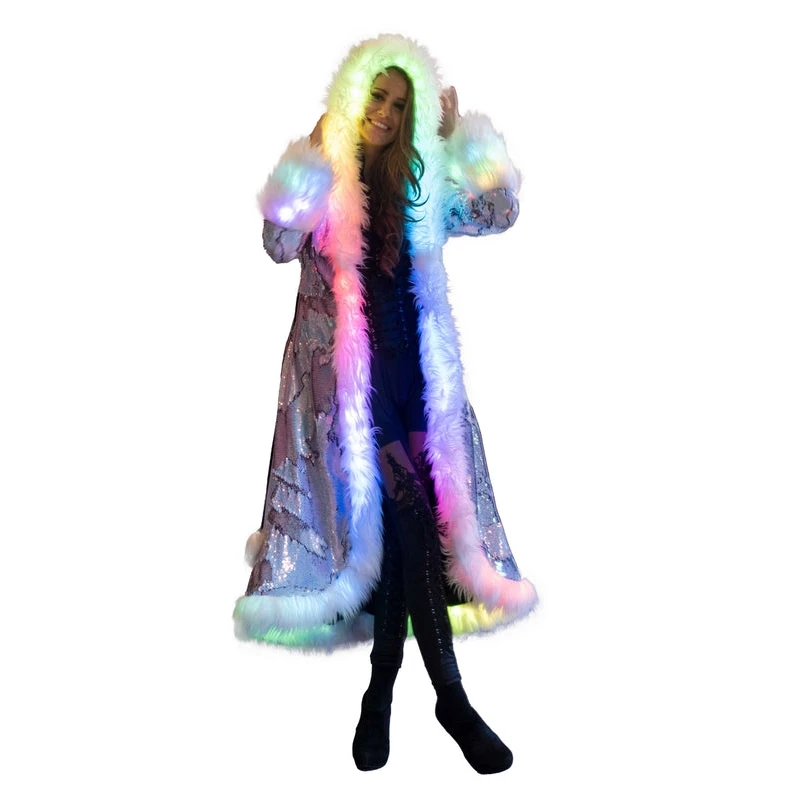 Women\'s Silver White Sequin Faux Fur Patchwork Coat Personalized LED Nightclub Long Coat Jacket Stage Party Costumes