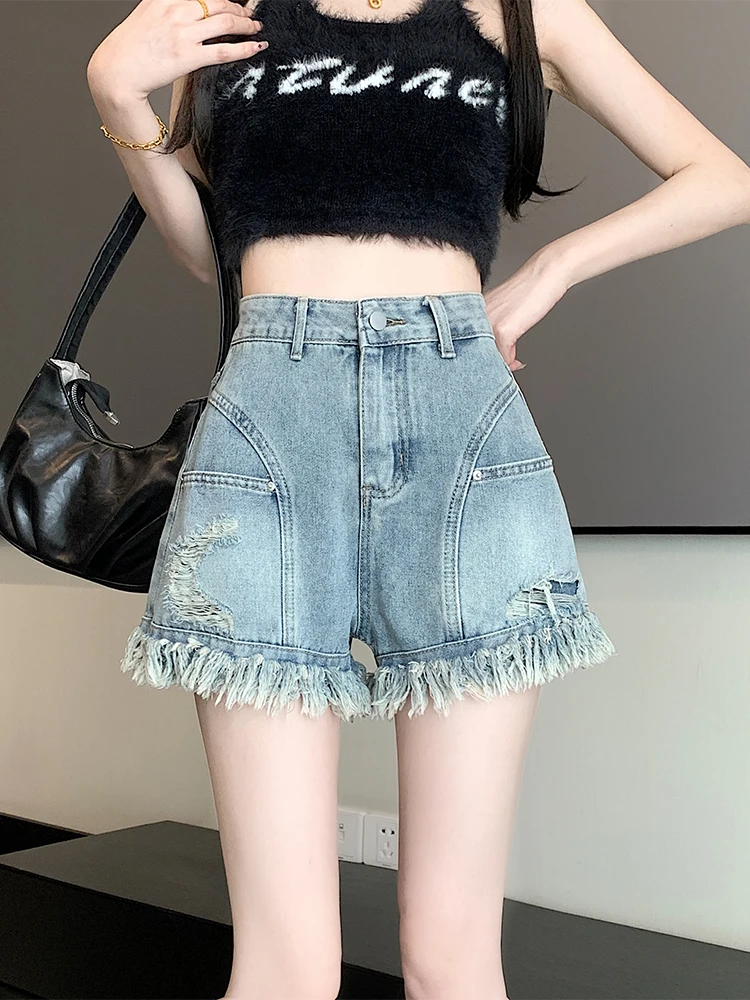 American Sle High Waist Loose Fit A-Line Denim orts Women's Summer Thin Wide Leg Jeans orts Tassel Frayed Casual Hot Pants