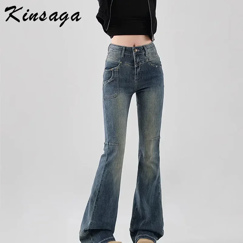 Kinsaga Vintage Blue Skinny Micor Flare Jeans Women Korean Petite Girl Stretchy Rivet Wide Leg Horn Mopping Denim Pants