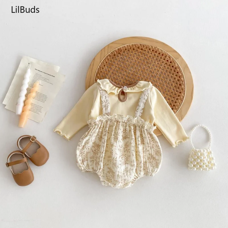 2024 Baby Girl 2-Piece Set Newborn Overalls Clothing Ruffle Round Neck Long Sleeves Top Polka Dot Rompers Printing Outfit Suit