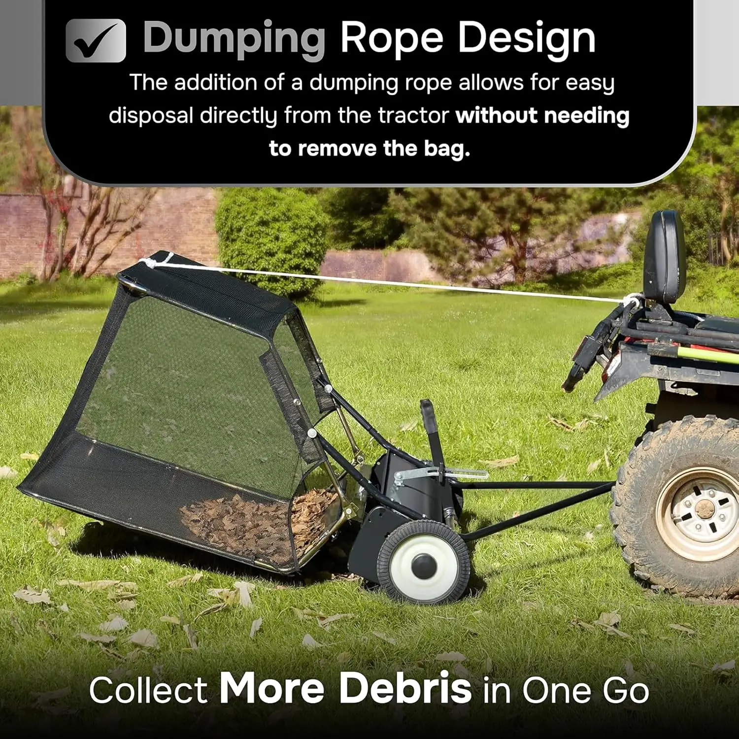 سحب مكنسة العشب الخلفي، 26 قدم مكعب. مكنسة عشب كبيرة الحجم خلفها، مجمع أوراق الشجر شديد التحمل مع حبل قلاب #3