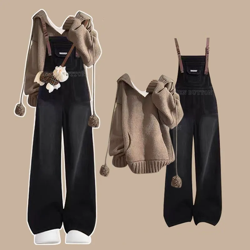 Women's Autumn Winter New Vintage Hooded Knitted Sweater+Straps Jeans Two-piece Suit Korean Elegant Denim Pants Matching Set