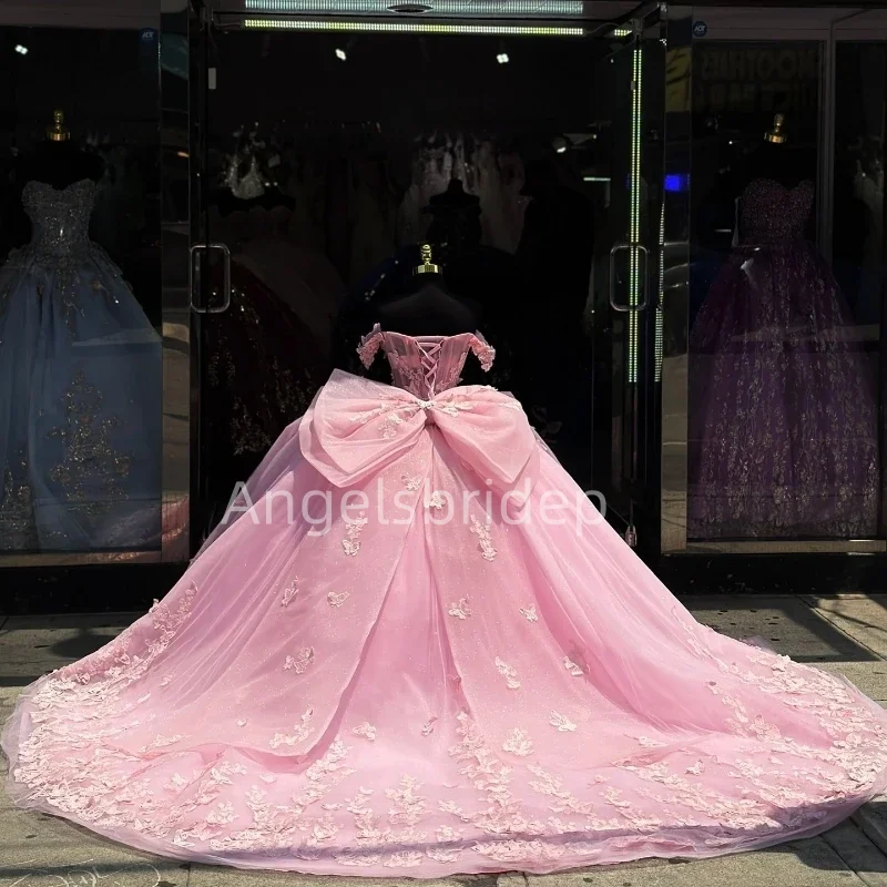 Angelsbride Pink GlitteringTulle Vestidos De Festa Ball Gown Quinnceanera Dresses With Appliques Beading Bow Crystal