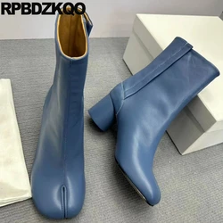 Short Cowhide Ankle Real Leather Chunky Cloven Hoof Women Split Toe Men 45 Medium Heel Tabi Couple Shoes Boots Big Size Unisex