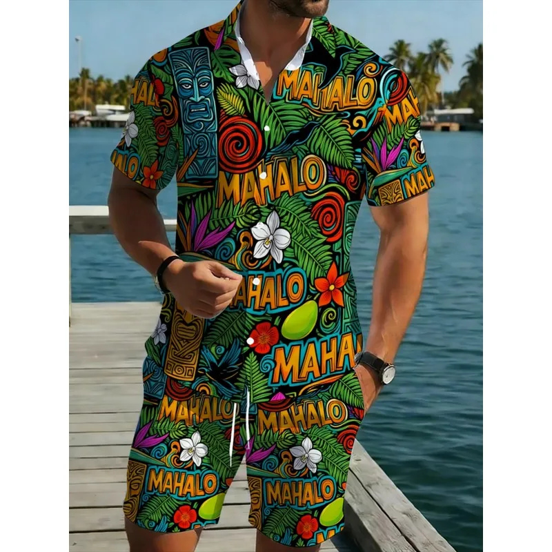 Men's Hawaiian Shirt Shorts Set Tropical Green Floral Beachwear Lightweight Breathable Durable Summe