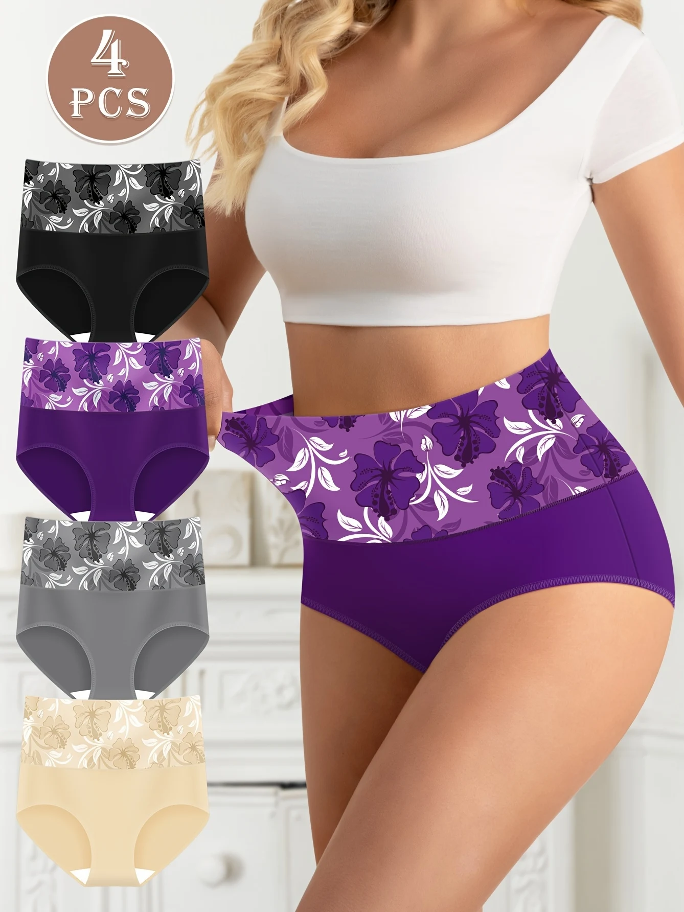 

4 шт. трусы с высокой талией и цветочным принтом, элегантные удобные дышащие эластичные трусики, женское нижнее белье и нижнее белье