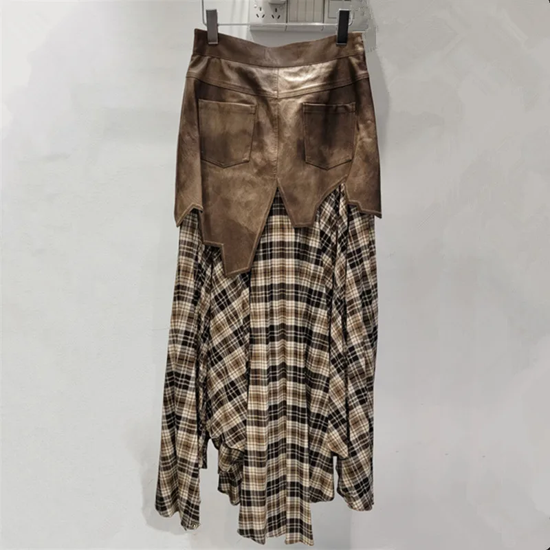 2025 American Street Retro Design Waste Soil Tooling Pocket Splicing Plaid Irregular Medium and Long Skirt For Women