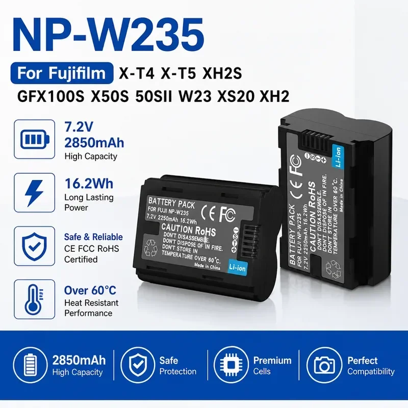 [New] [NP-W235] for Fujifilm W23 XS20 XH2 X-T4 X-T5 XH2S GFX100S X50S 50SII Camera 7.2V 2850mAh Replacement Battery