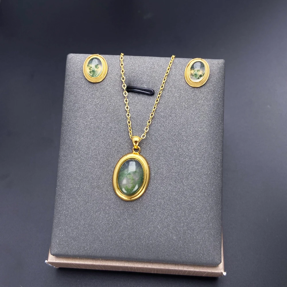 Trendy Natural Moss Agate Jewelry Sets Sterling 925 Silver Gemstone 18K Yellow Gold for Women Party Jewelry Gift
