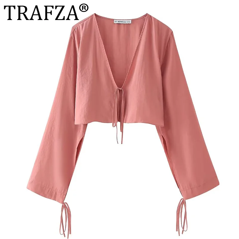 TRAFZA Women Solid Loose Cropped Shirts Top Fashion Woman Versatile Streetwear Female Shirt Tops