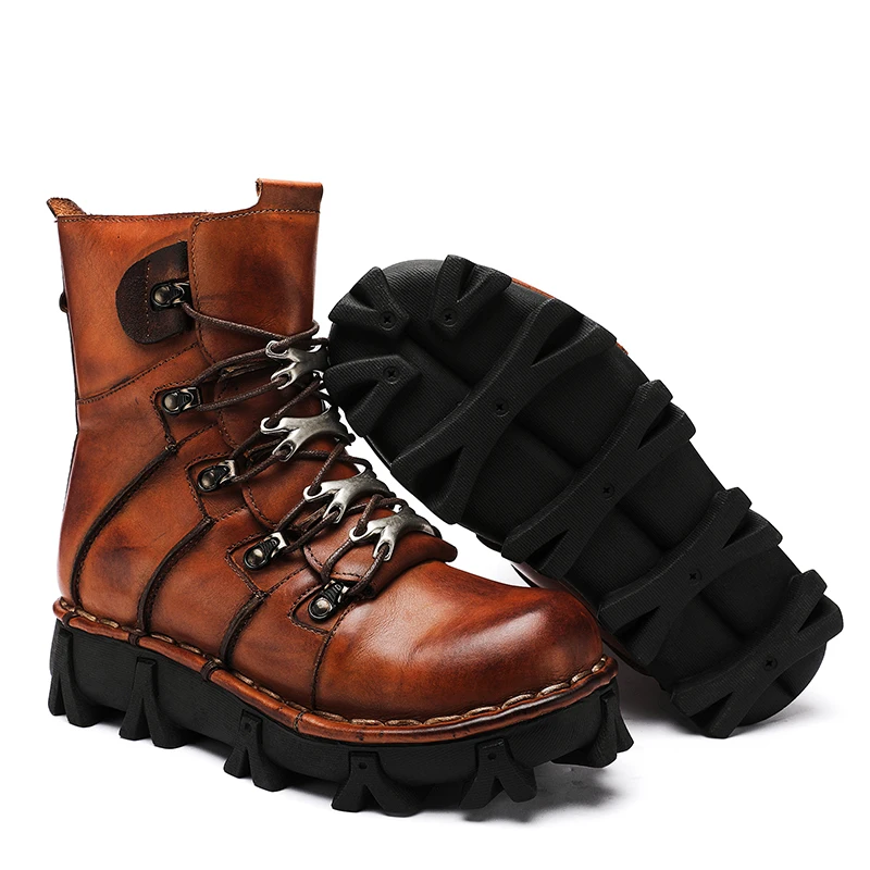 Fashion Men's Cowhide Genuine Leather Motorcycle Boots Gothic Skull Punk Combat Boots Thick Sole Snow Boots Hiking Shoes