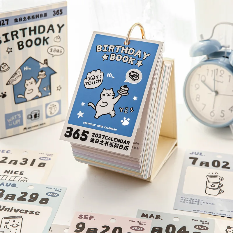 365Pcs 2027 Birthday Book Copperplate Paper Calendar, Kawaii Animal Standing Flip Calendar for Home Office Table Decor