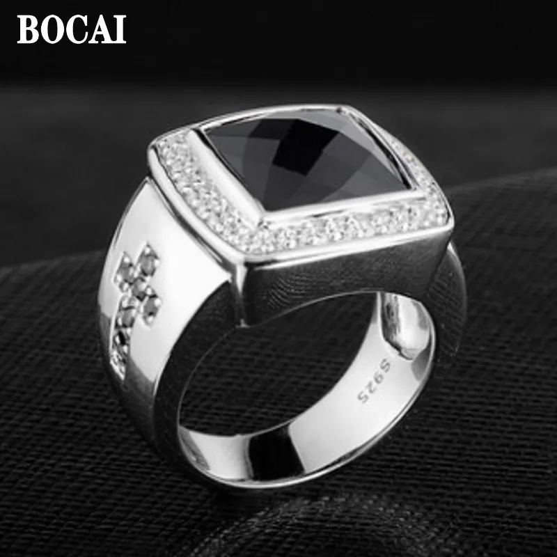 

BOCAI New Natural Black Agate s925 Silver Fashion Jewelry Personality Single Index Finger Ring for Man Domineering Cross