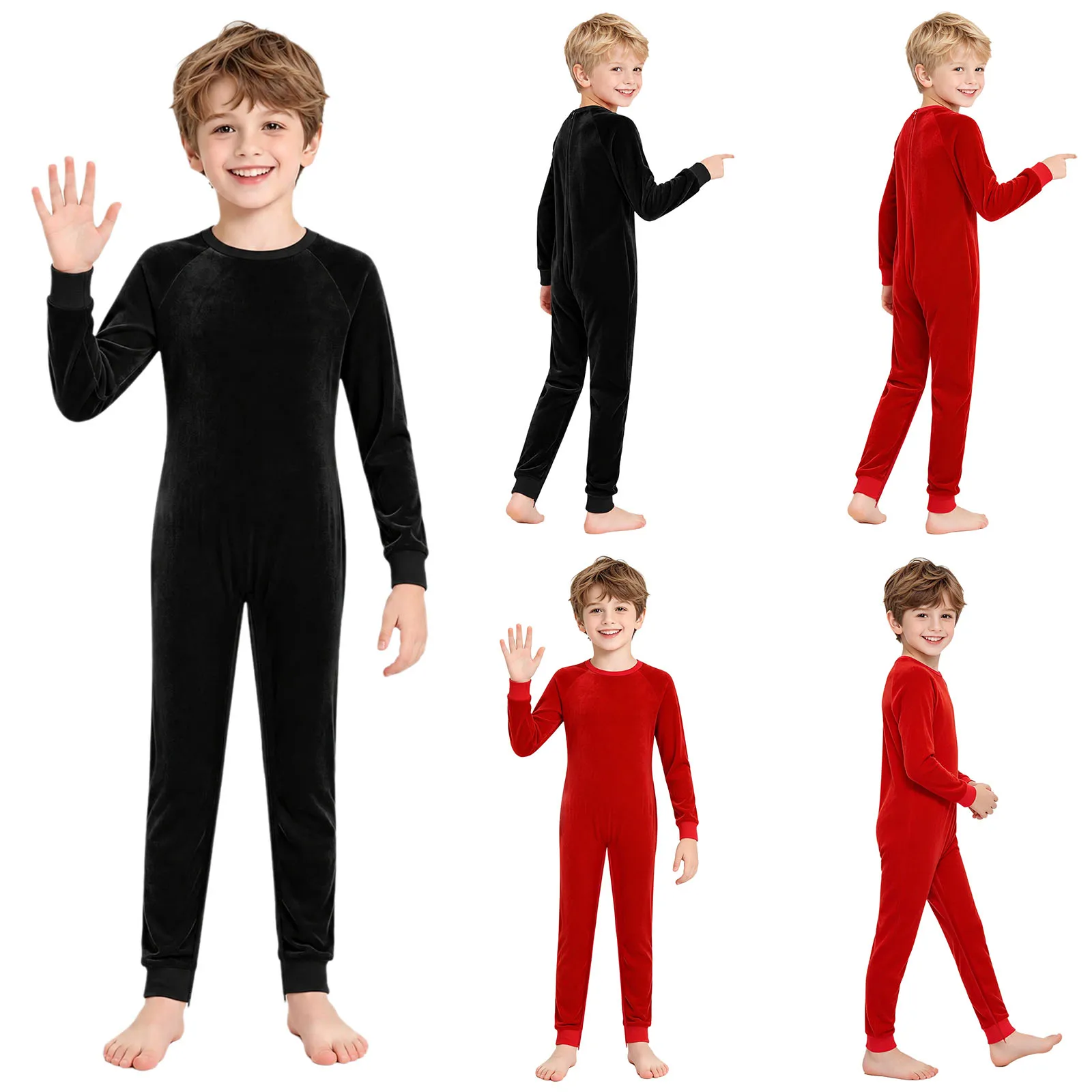 Kid Boys Girls Special Needs Velvet Jumpsuit Adaptive Clothing Round Neck Long Sleeve Zipper Back Crotch Bodysuit Romper Unitard