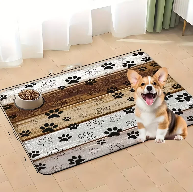 1pc Creative Retro Wood Grain and Dog Paw Print Floor Mat Anti-slip Cat Mat Pet Food Mat Pet Bowl Mat Home Decoration Floor Mat