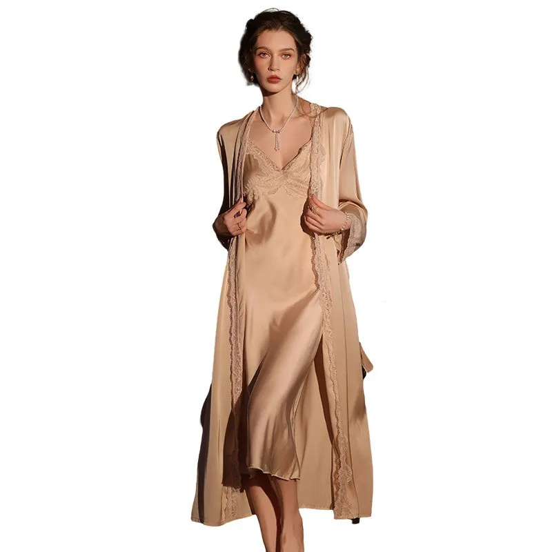 V Neck Two Set Maxi Length Luxurious Set with Long Skirt Three Quarter Sleeve Pajamas Hotel Spa Wedding Photo Studio for Women