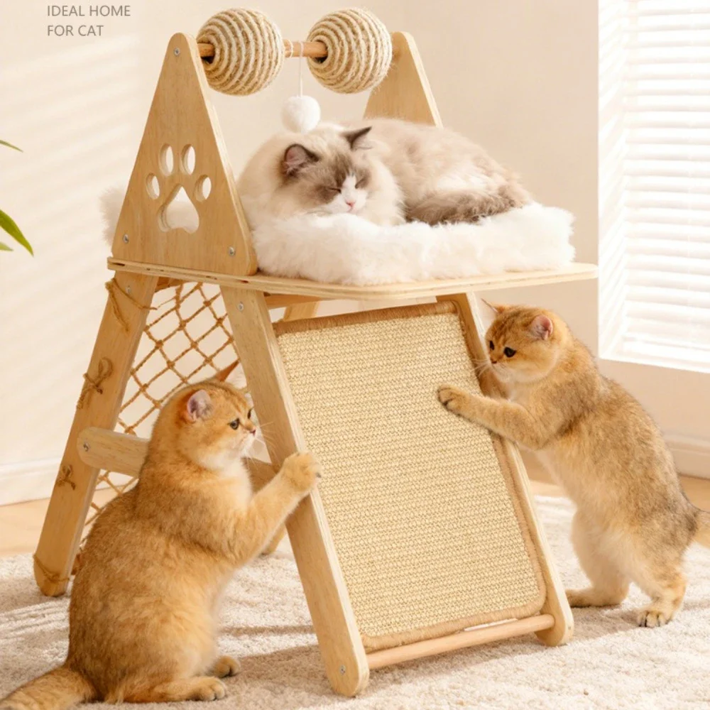 Multifunctional Wooden Cat Tree with Sisal Scratching Board Climbing Net Plush Bed Interactive Toy Pet Activity Cat SuppliesGift