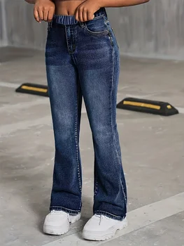Girls Wide-Leg School Jeans 3 Girls' School-Style Fashion Wide-Leg Jeans, Elastic Waist and Comfortable Fabric, Suitable for All Seasons to Wear. 3
