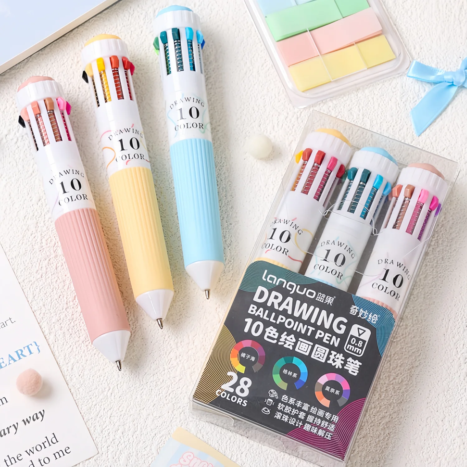 

28 Colors Multicolor Ballpoint Pen Set 0.8mm, 10-in-1 Colored Pens Fine Point Retractable Ballpoint Pens for Office School